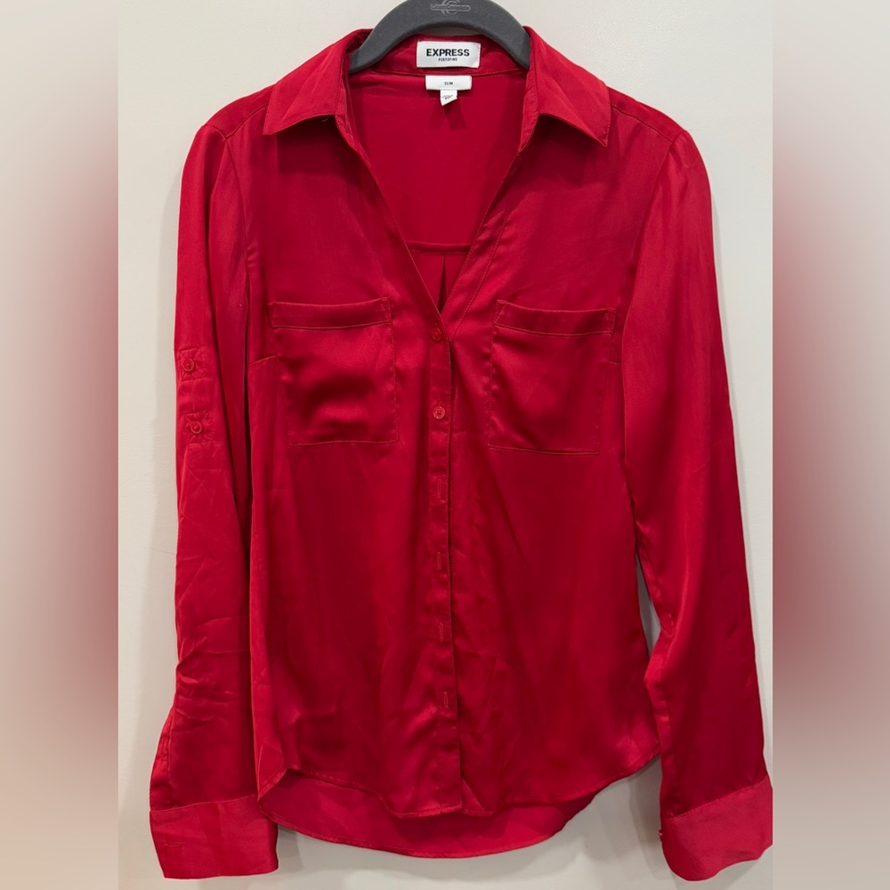 Express Portofino Shirt Womens Size XXS Blue Button Front Long Roll Tab …